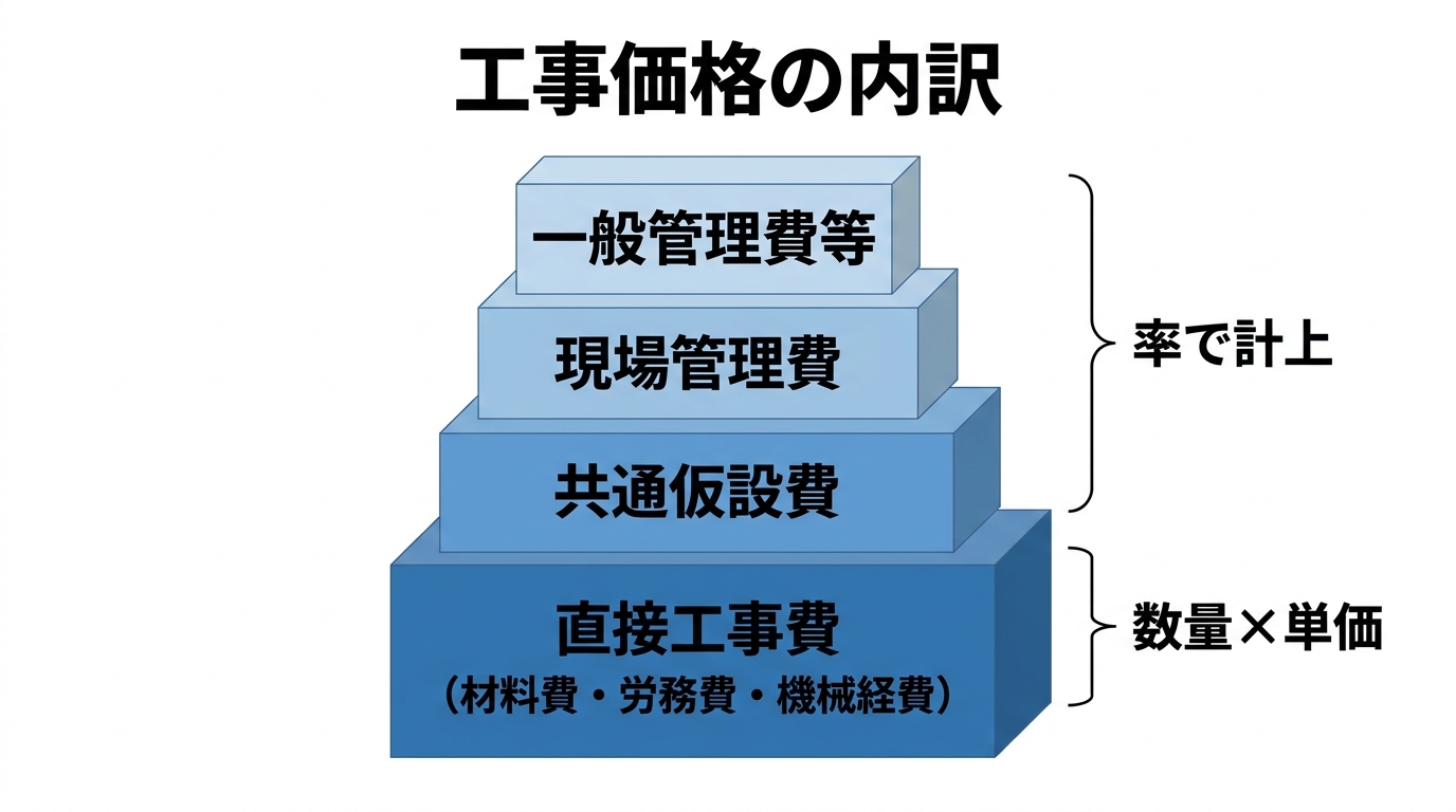 工事価格の内訳を直接工事費・共通仮設費・現場管理費・一般管理費等の4段で積み上げた図