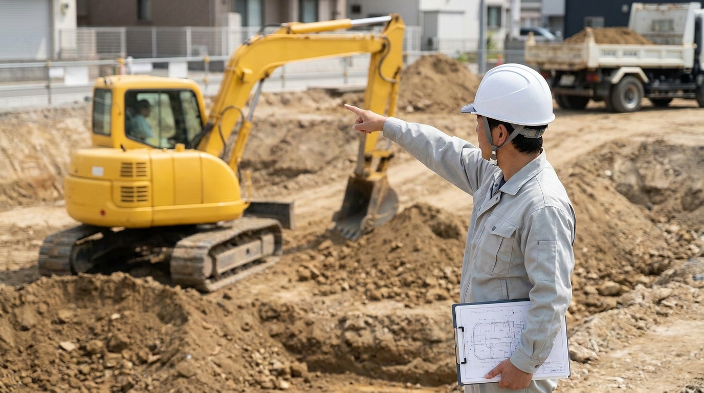 造成現場で図面を持ち掘削範囲を指さして確認している建設会社の担当者の写真
