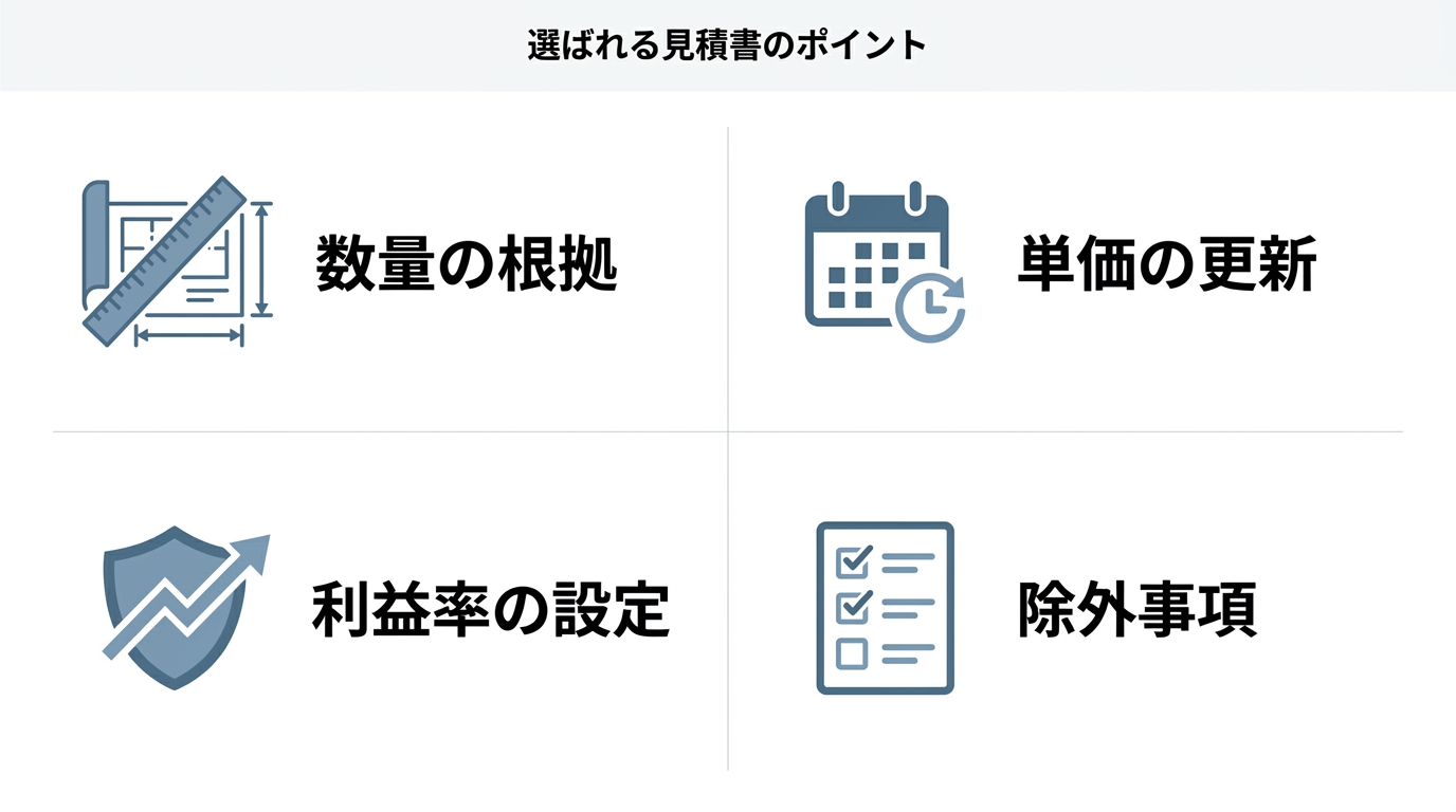 選ばれる見積書の4つのポイント(数量の根拠・単価の更新・利益率の設定・除外事項)をアイコン付きで示した図