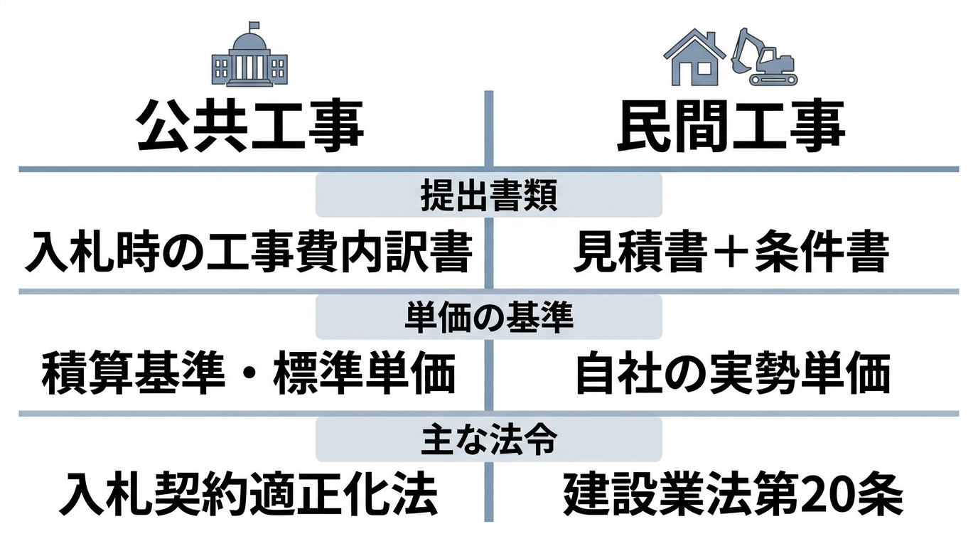 公共工事と民間工事の見積書の違いを提出書類・単価の基準・主な法令の3行で比較した表