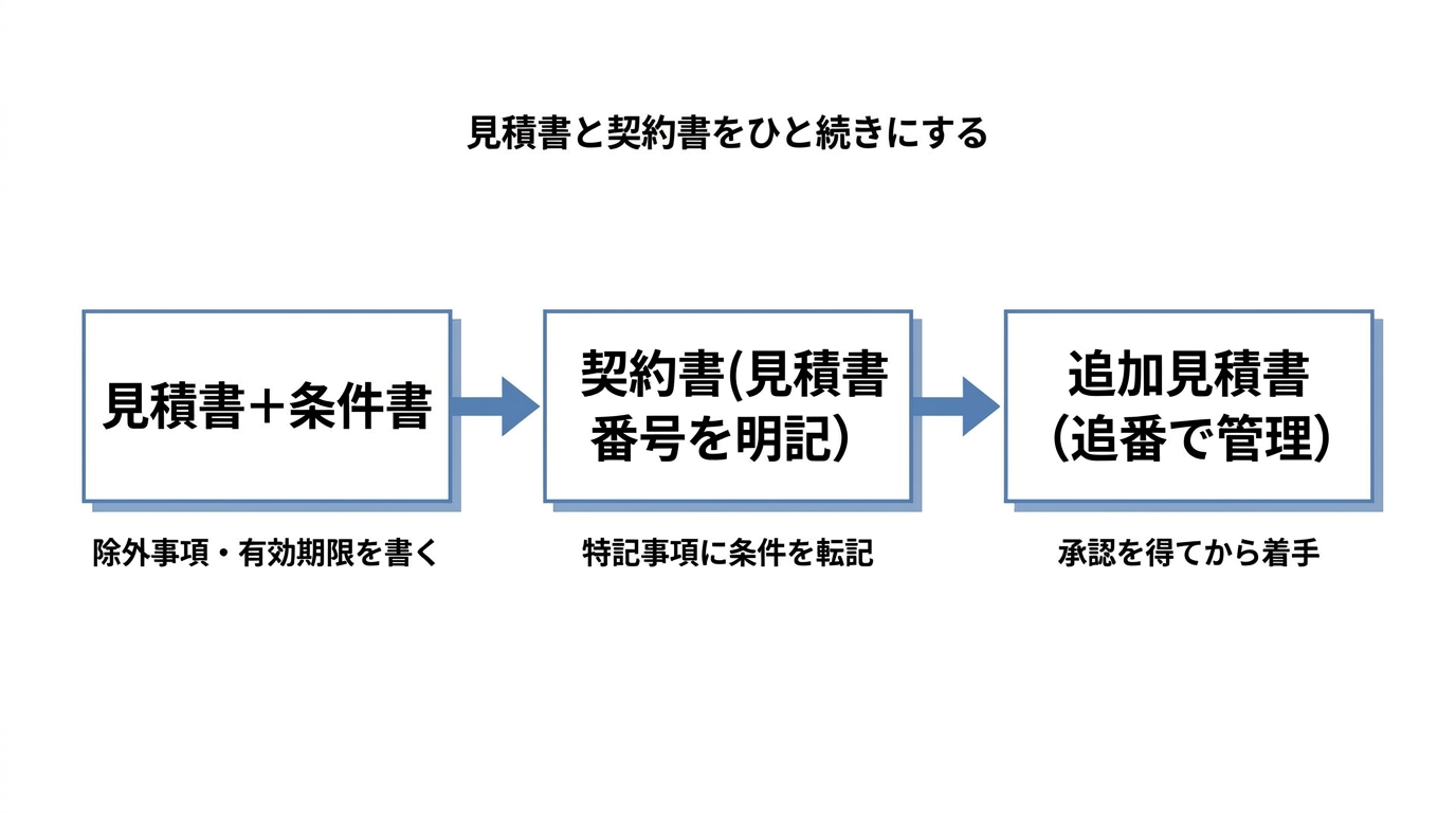 見積書+条件書から契約書、追加見積書へと条件を引き継ぐ流れを示すフロー図