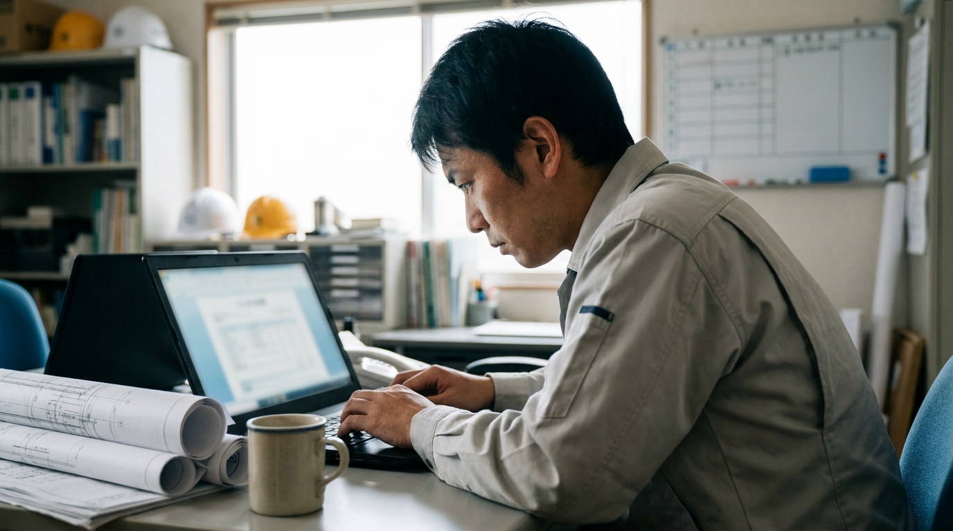 建設会社の事務所でノートパソコンを使って見積書を作成している担当者の写真