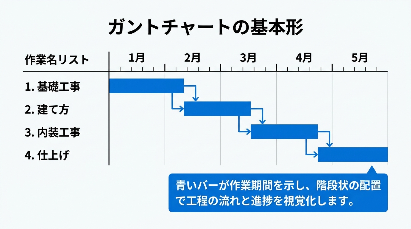 基礎工事から仕上げまでの作業を横棒バーで階段状に示したガントチャートの概念図
