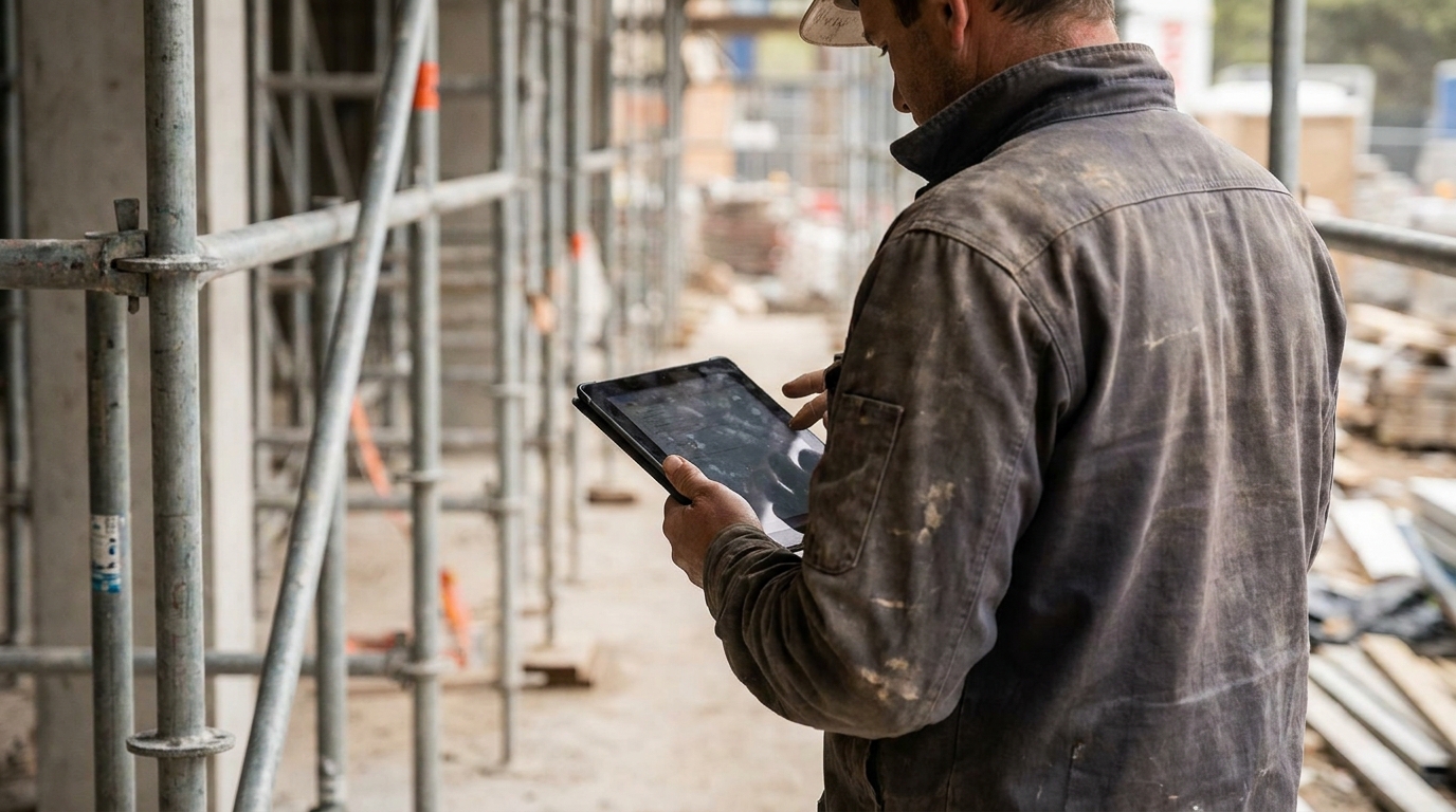 建設現場の足場のそばでタブレットを操作する作業服姿の人物の後ろ姿