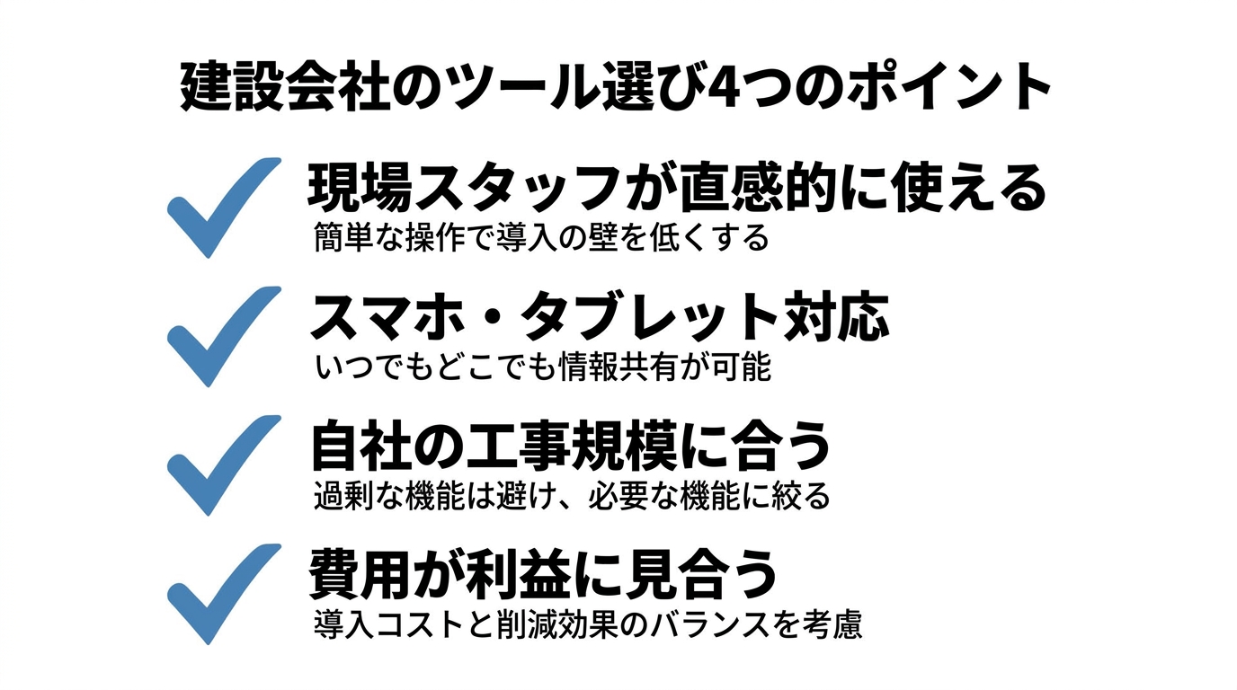 現場で使いやすさや費用対効果などツール選び4つのポイントのチェックリスト