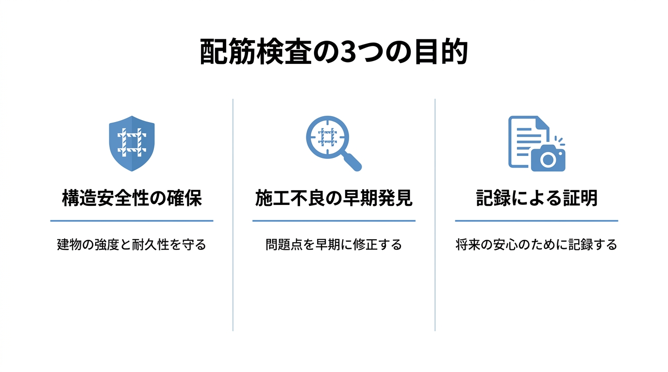 配筋検査の3つの目的(構造安全性の確保・施工不良の早期発見・記録による証明)を示す図解
