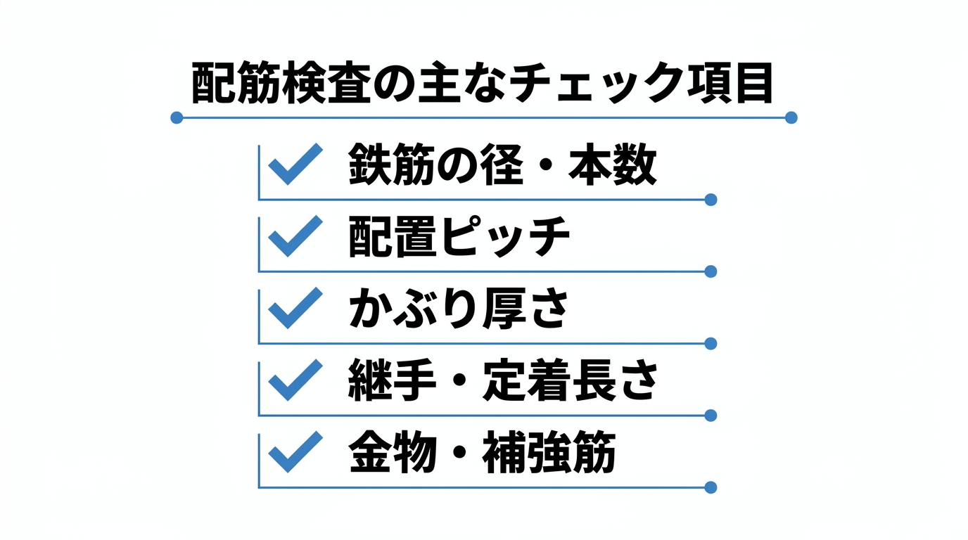 配筋検査の主なチェック項目5つ(鉄筋の径・本数、配置ピッチ、かぶり厚さなど)のチェックリスト