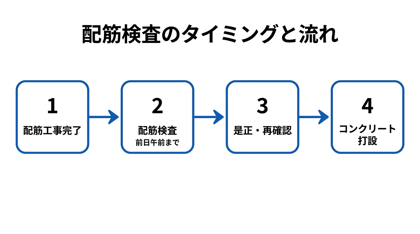 配筋工事完了から配筋検査・是正を経てコンクリート打設に至る4ステップの流れ図