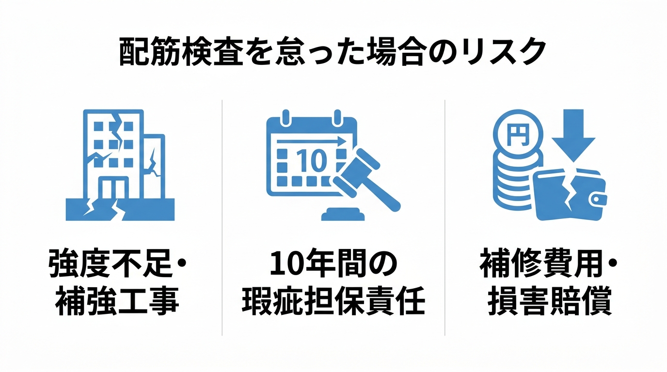 配筋検査を怠った場合のリスク(強度不足・瑕疵担保責任・損害賠償)を示す図解