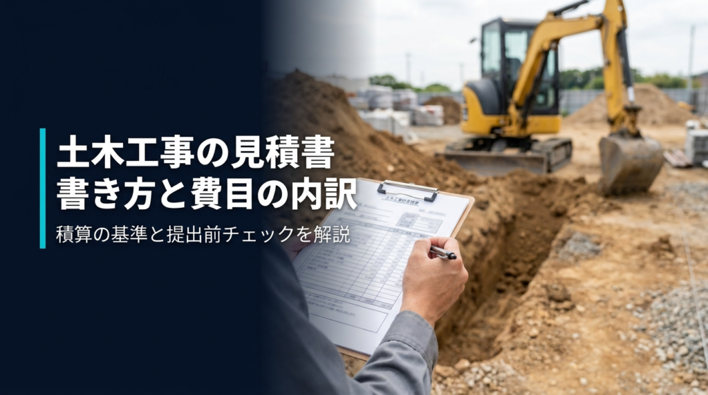 土木工事業者向けに見積書の書き方、費目の内訳と積算の基準、提出前チェックを解説する記事のアイキャッチ