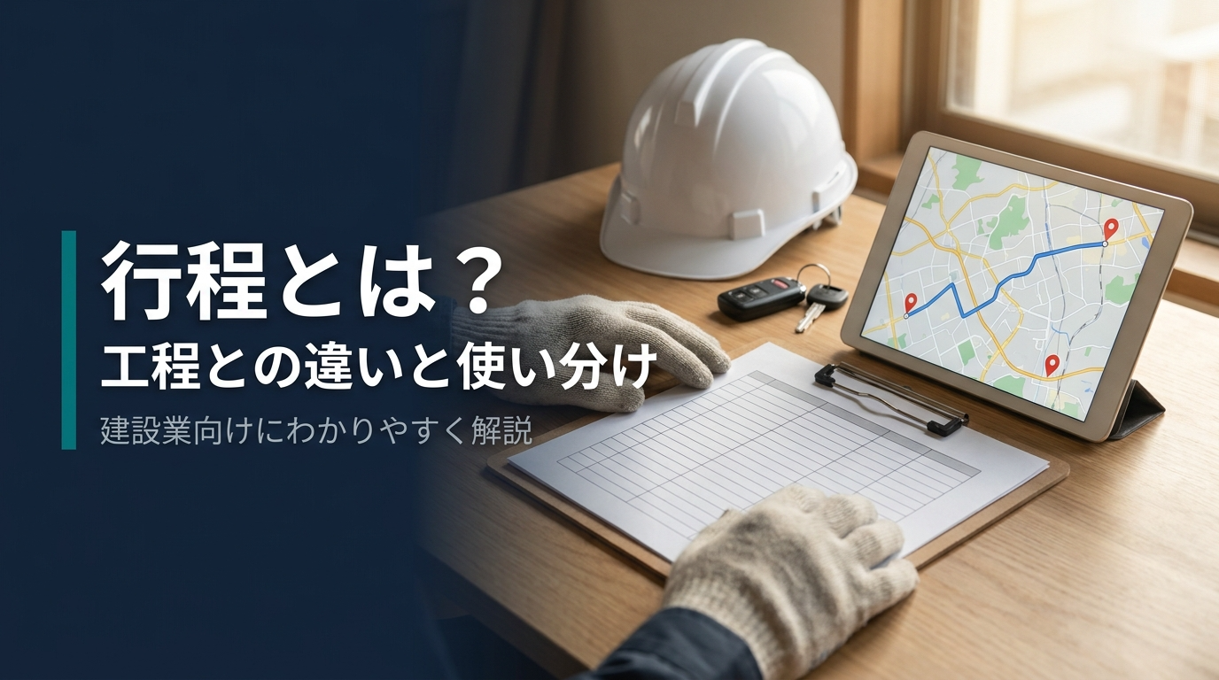 行程と工程の違いと使い分けを建設業向けに解説する記事のアイキャッチ。朝の道路を現場へ向かって走る作業用バンの写真にタイトルを重ねたデザイン