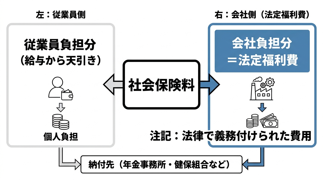 社会保険料を従業員負担分（給与から天引き）と会社負担分＝法定福利費に分けて示した比較図