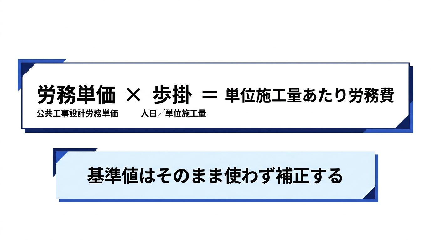 労務費の基準値の計算式を示した図(公共工事設計労務単価×歩掛=単位施工量あたり労務費、基準値は補正して使う旨の注意書き付き)