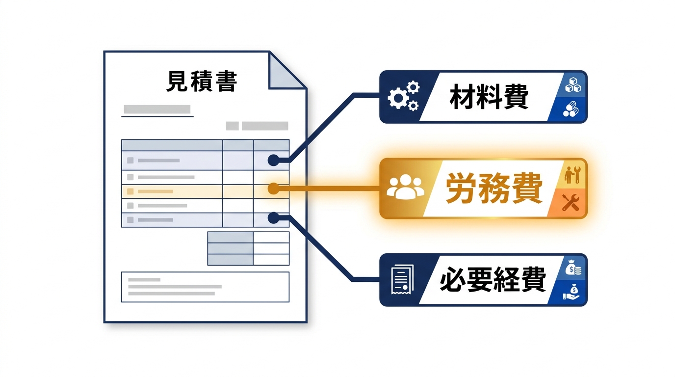 見積書の明細から材料費・労務費・必要経費の3項目を引き出して内訳明示を示した図(労務費を強調)