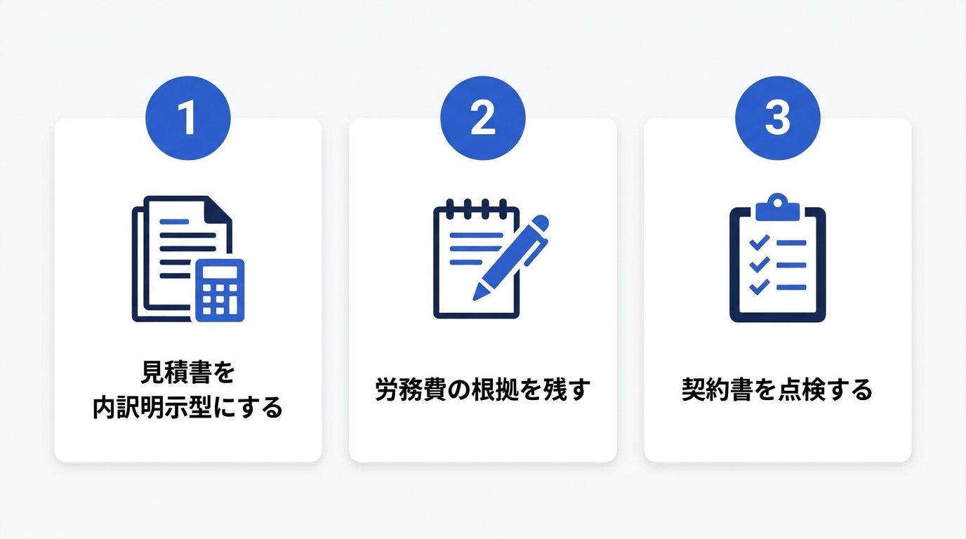 建設会社が取り組むべき3つの対応をカードで並べた図(見積書を内訳明示型にする・労務費の根拠を残す・契約書を点検する)
