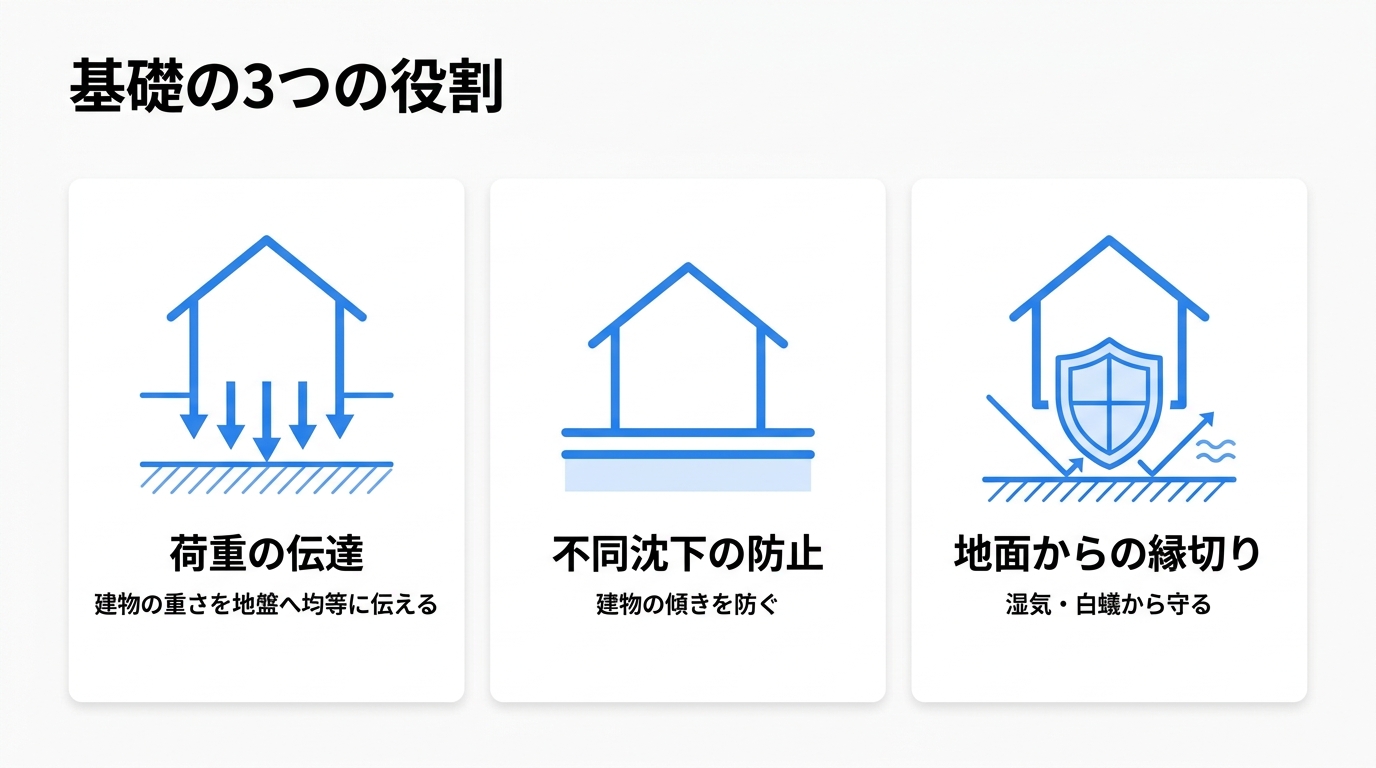 基礎の3つの役割(荷重の伝達・不同沈下の防止・湿気や白蟻から守る縁切り)を示す図解