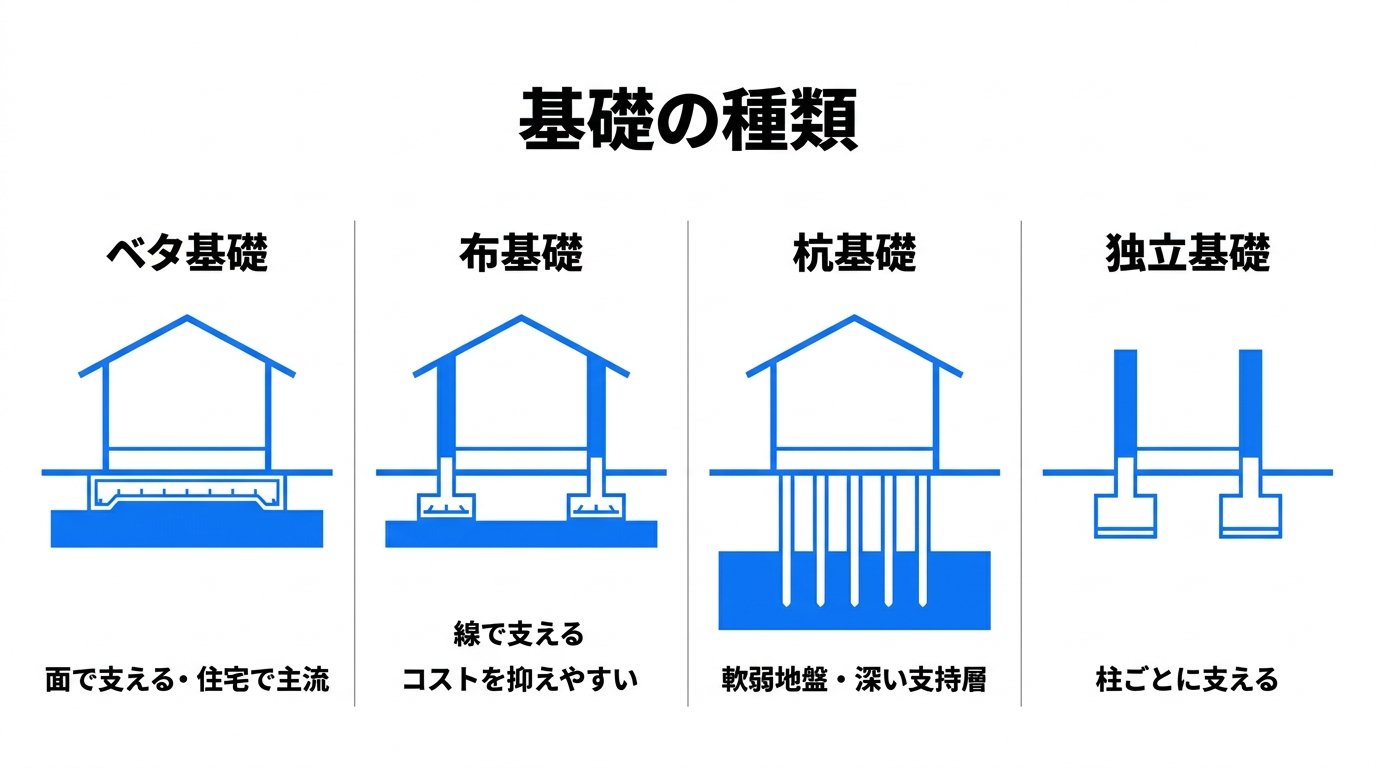 ベタ基礎・布基礎・杭基礎・独立基礎の4種類を断面図で比較したイラスト