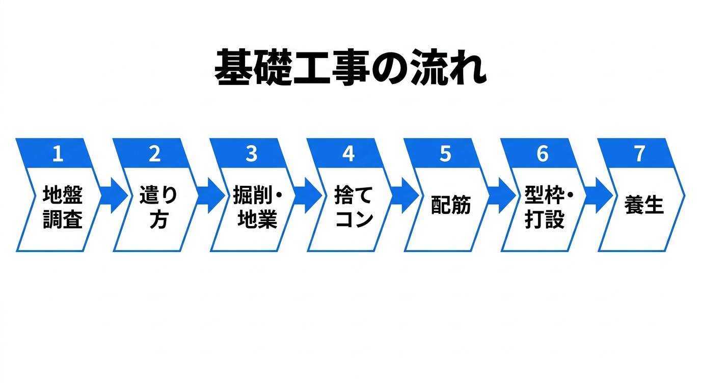 基礎工事の7工程(地盤調査→遣り方→掘削・地業→捨てコン→配筋→型枠・打設→養生)を示すフロー図