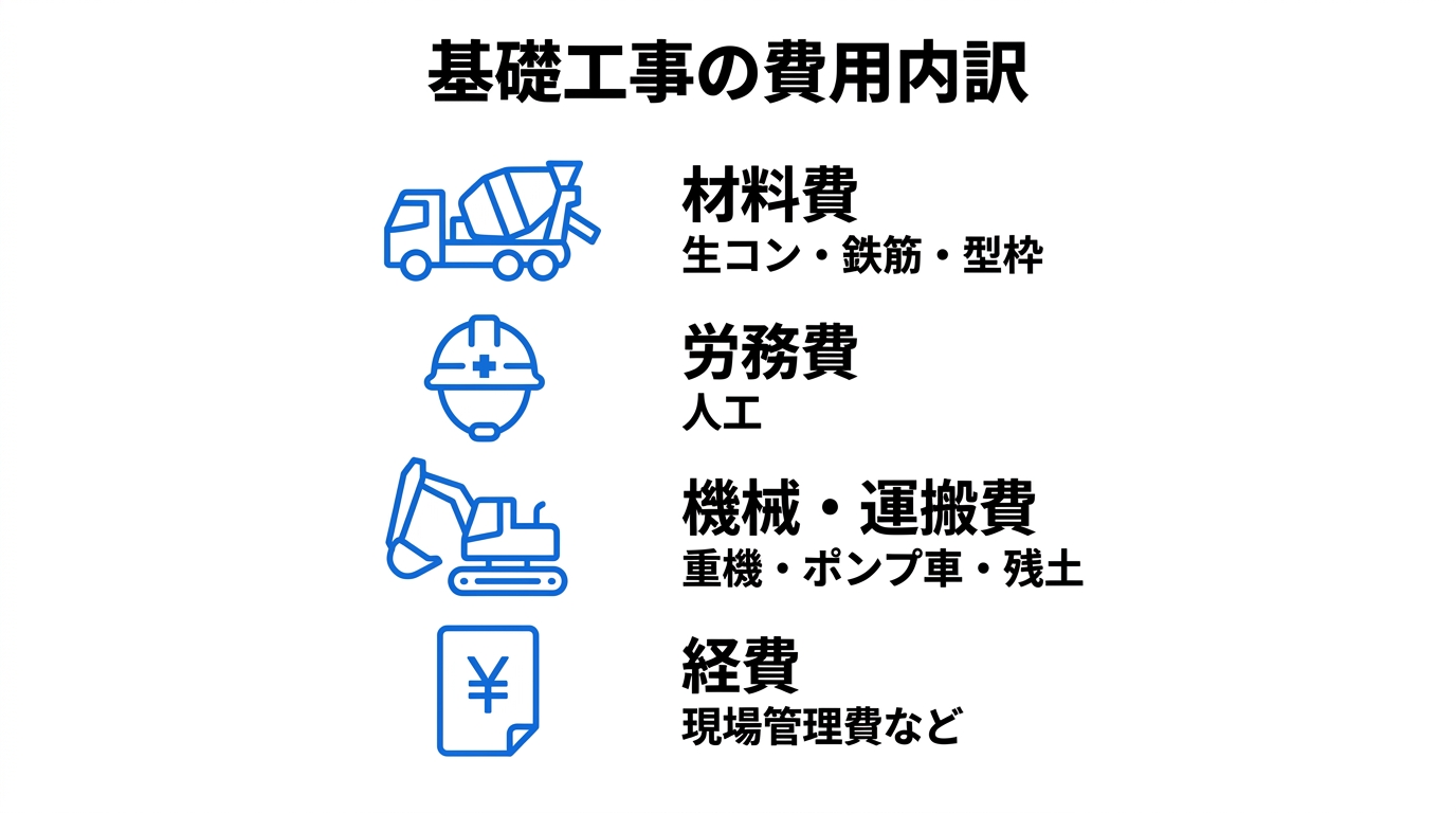 基礎工事の費用内訳(材料費・労務費・機械運搬費・経費)を並べた図解
