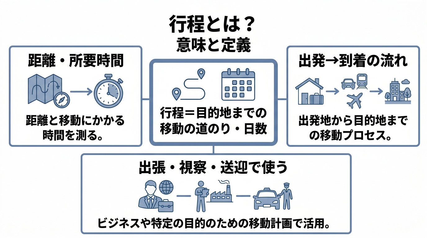 行程=目的地までの移動の道のり・日数を中心に、距離・所要時間や出発から到着の流れを示した図解