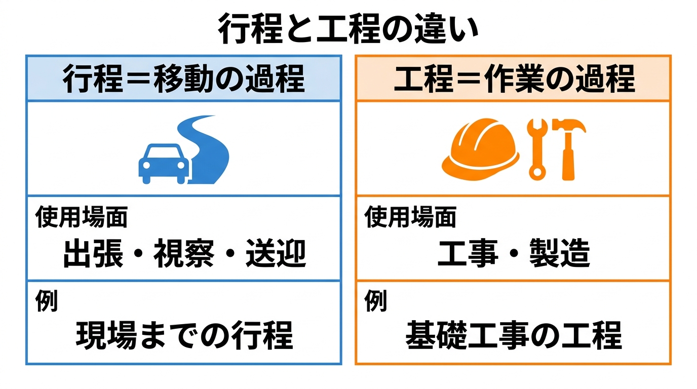 行程=移動の過程と工程=作業の過程を、使用場面と例文つきで左右に並べた比較表