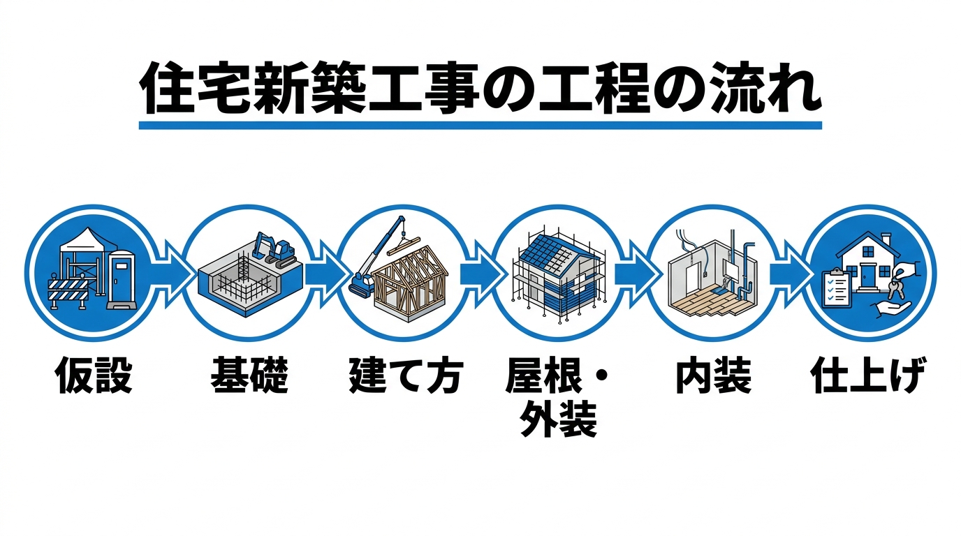 仮設から基礎・建て方・屋根外装・内装・仕上げまで、住宅新築工事の6工程を矢印でつないだフロー図