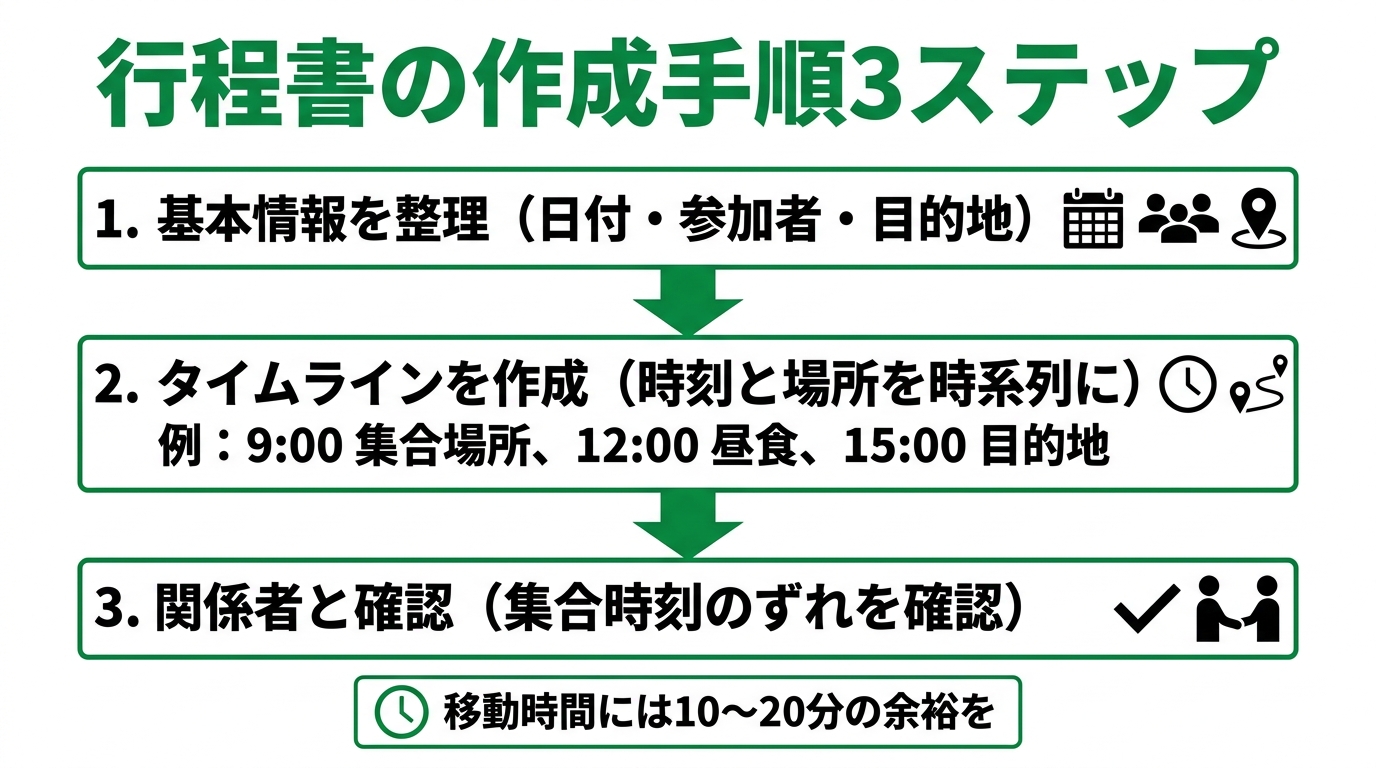 基本情報の整理・タイムライン作成・関係者との確認という行程書作成の3ステップを示した図解