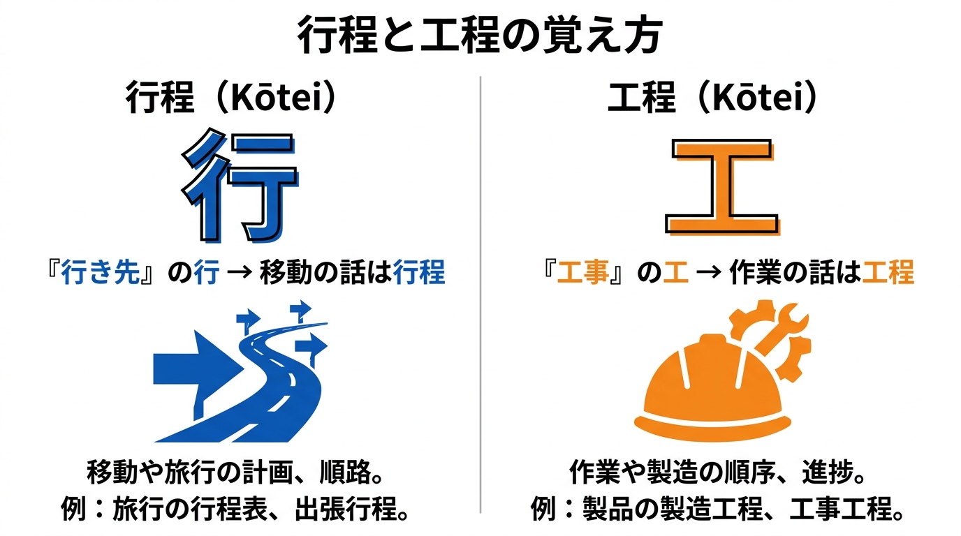 漢字の「行」と「工」を大きく掲げ、行程と工程の使い分けの覚え方を左右で対比した図解