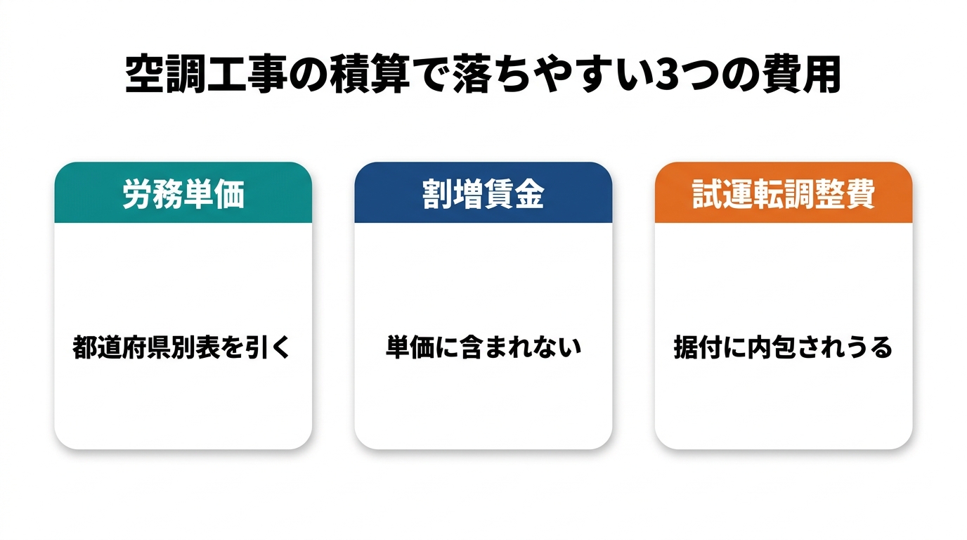 空調工事の積算で落ちやすい3つの費用をカードで並べた図(労務単価は都道府県別表を引く、割増賃金は単価に含まれない、試運転調整費は据付に内包されうる)