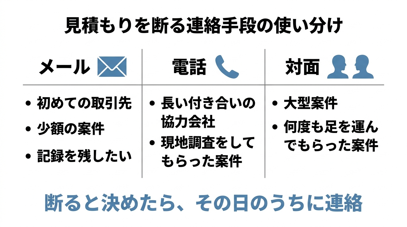 見積もりを断る連絡手段をメール・電話・対面の3列で比較し、それぞれ向いている場面を示した表