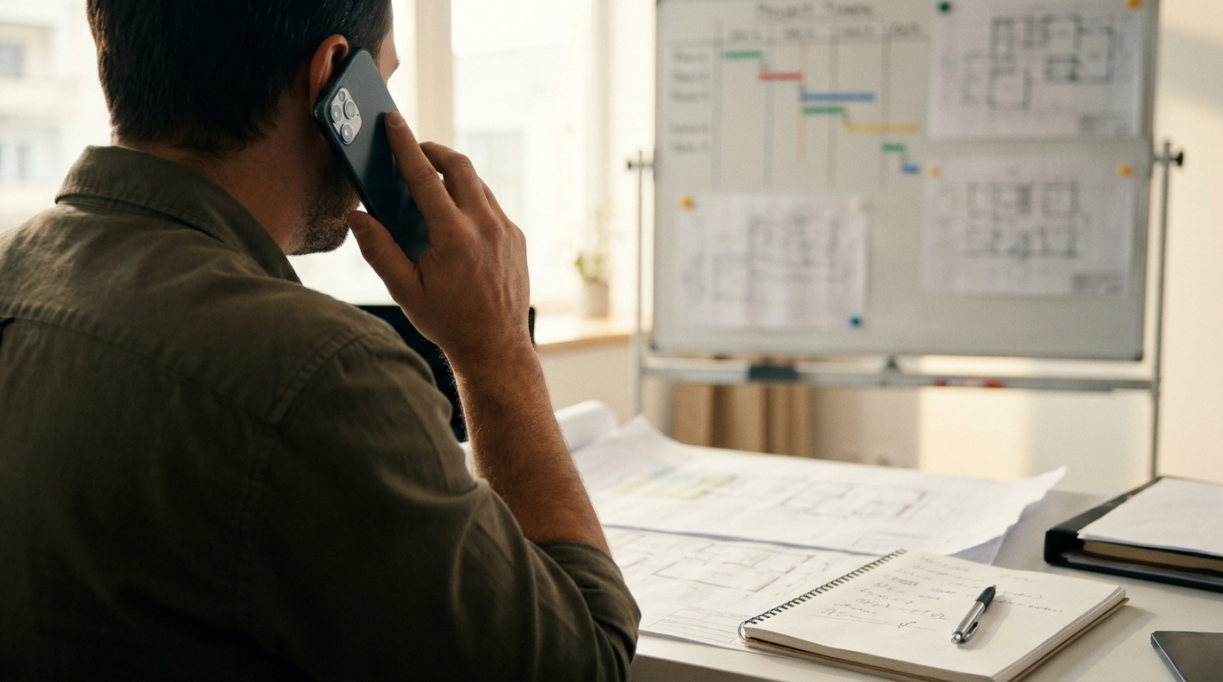 工程表のホワイトボードを背に、スマートフォンで協力会社へ電話をかけている建設会社担当者の後ろ姿の写真