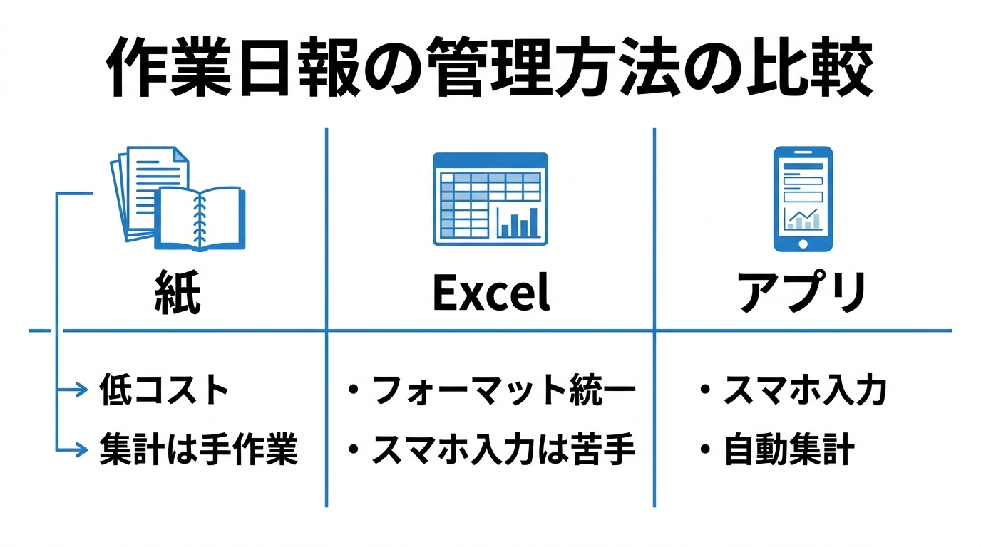 作業日報の管理方法を紙・Excel・アプリの3つで比較した表