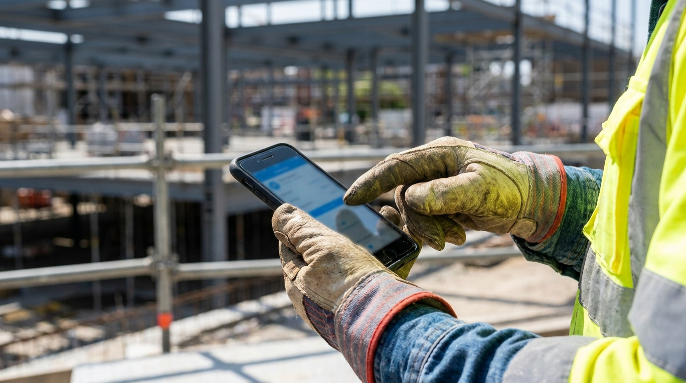 建設現場で手袋をした作業員がスマートフォンで作業日報を入力する手元