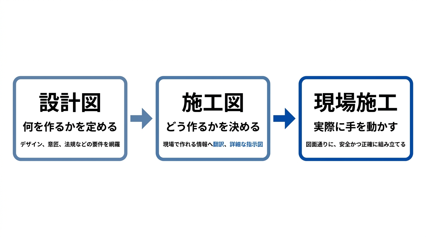 設計図(何を作るかを定める)→施工図(どう作るかを決める)→現場施工(実際に手を動かす)の3ステップを示すフロー図