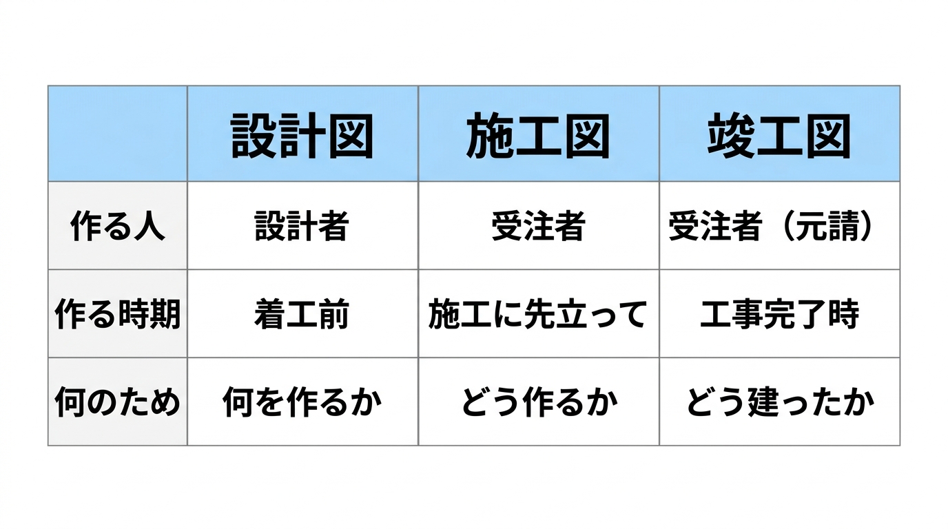 設計図・施工図・竣工図を作る人・作る時期・何のためかで比較した表