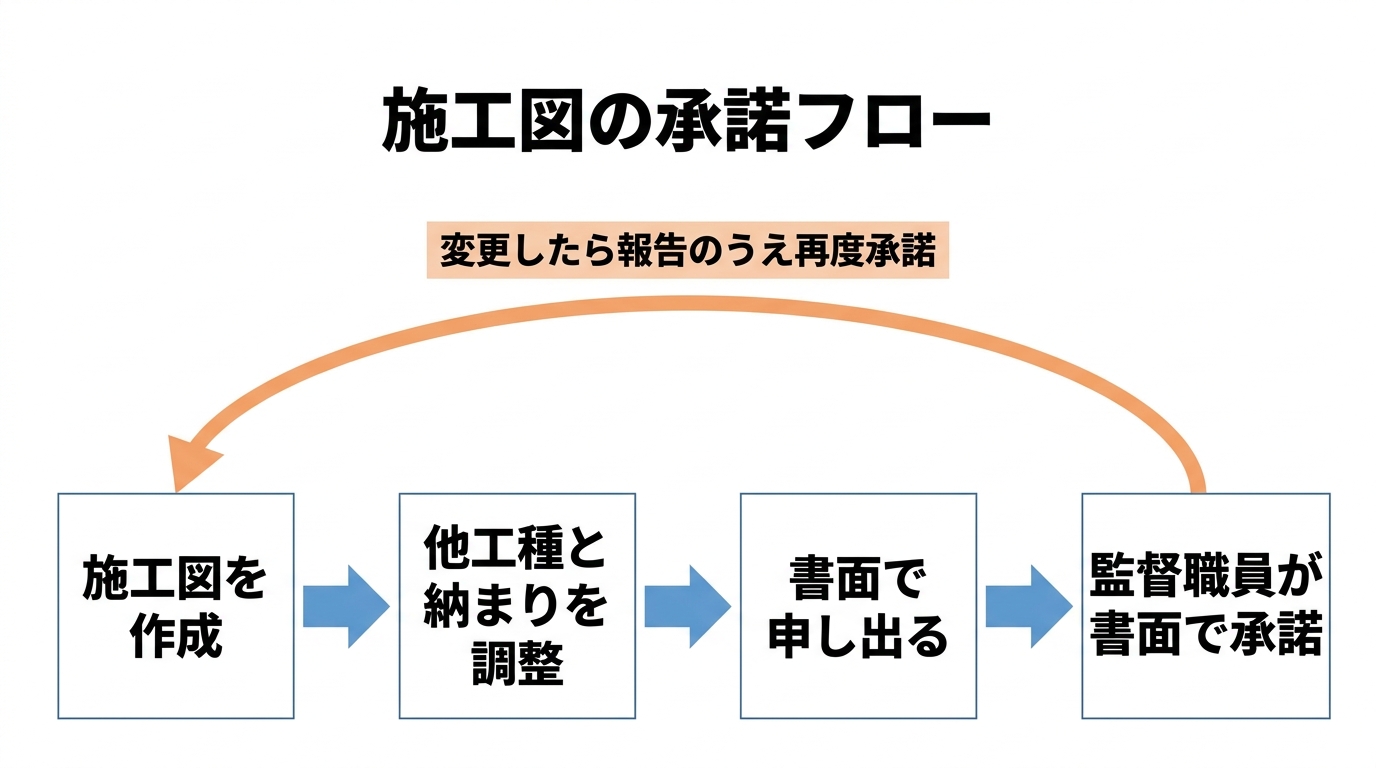 施工図の承諾フロー(作成→他工種と納まりを調整→書面で申し出る→監督職員が書面で承諾)と、変更時は報告のうえ再度承諾する流れを示す図