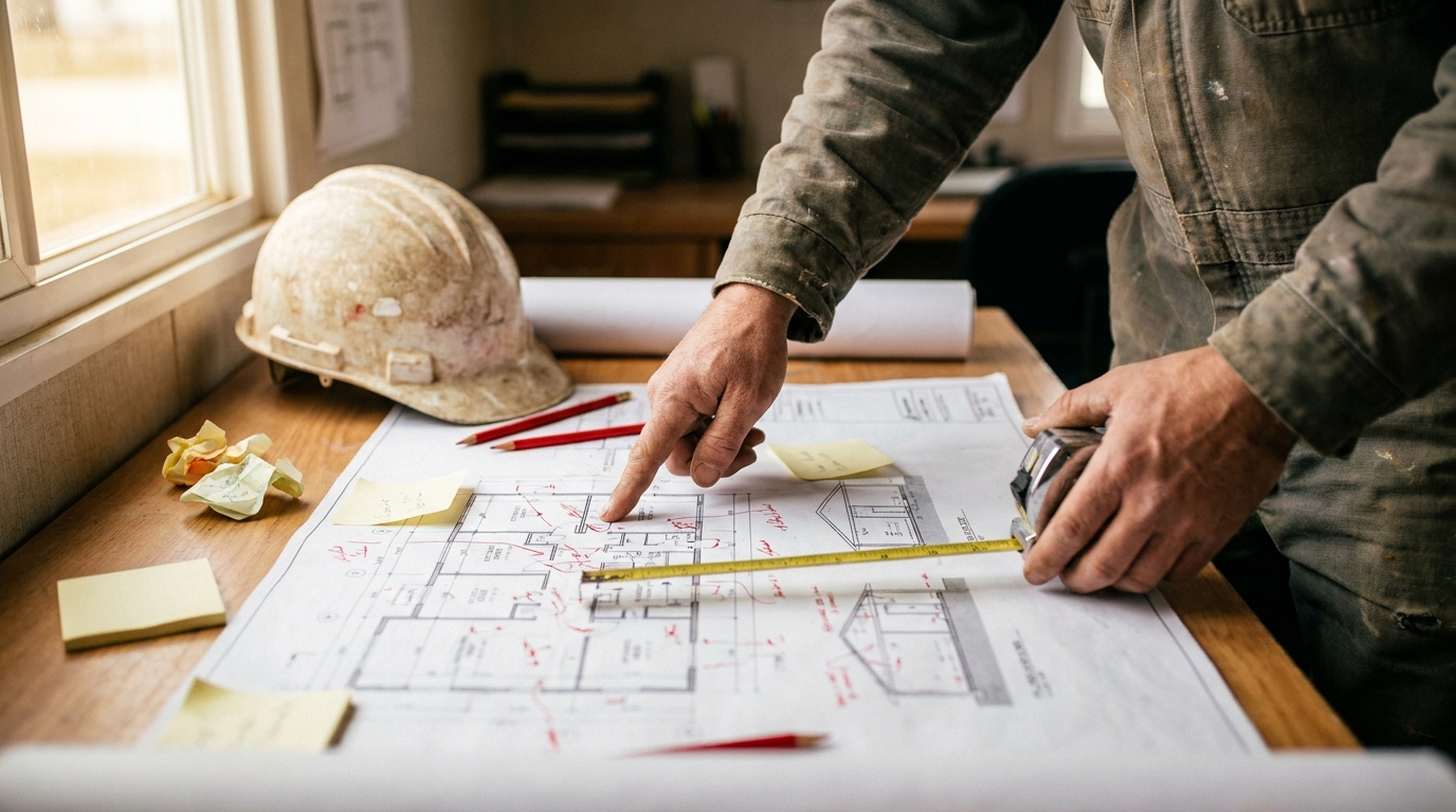 仮設事務所の机に建築図面を広げ、赤字の入った箇所を指さしながらスケールを当てて納まりを確認している手元の写真