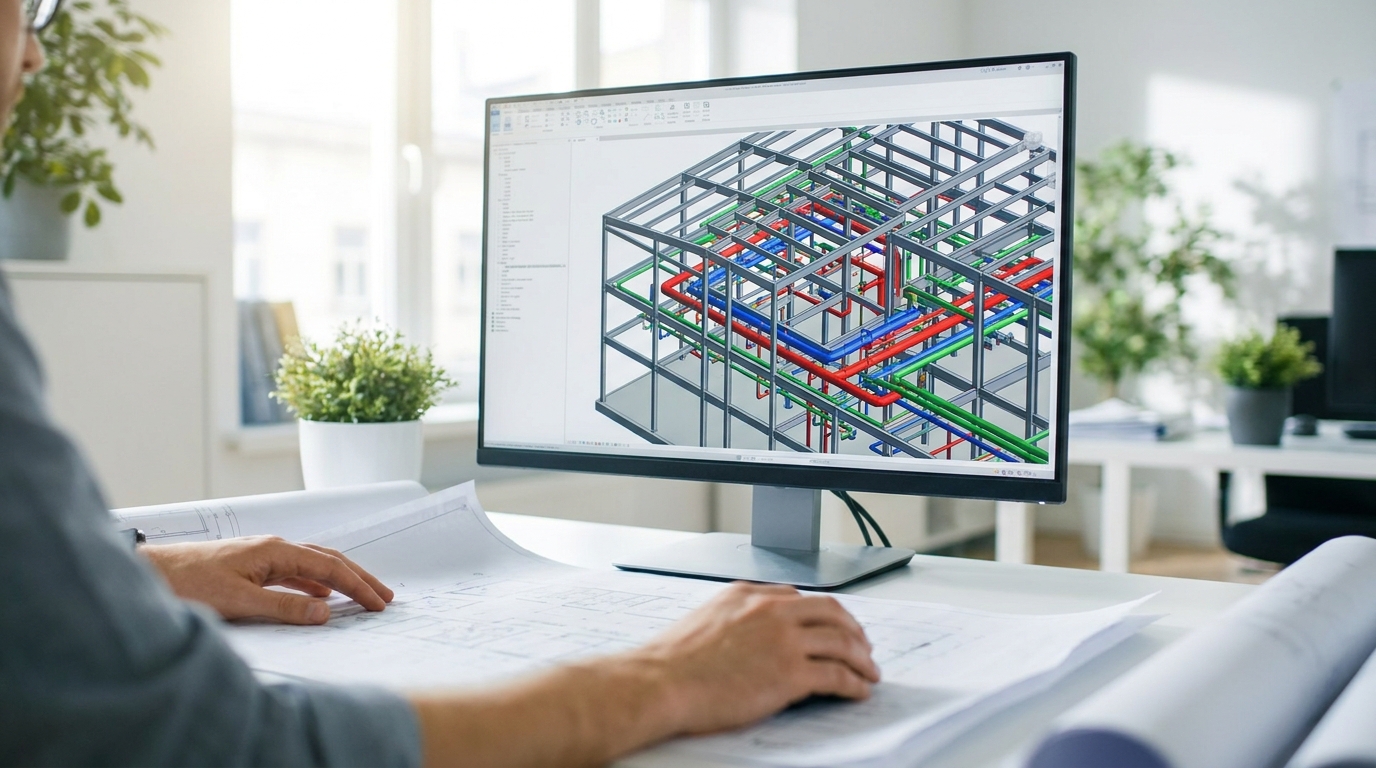 モニターに表示された鉄骨と設備配管の3次元BIMモデルを見ながら、紙の図面を押さえてマウスを操作している手元の写真