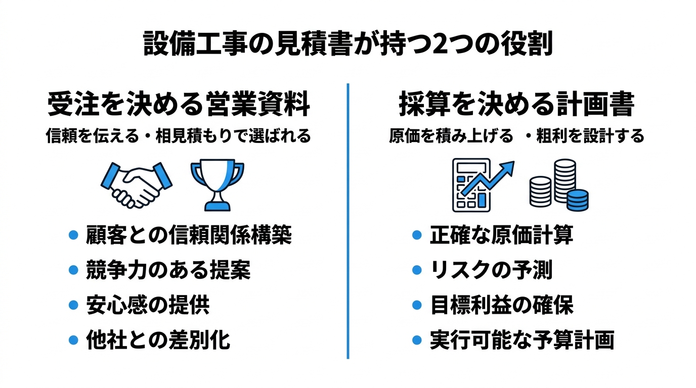 見積書の2つの役割(受注を決める営業資料と採算を決める計画書)を左右対比で示した図