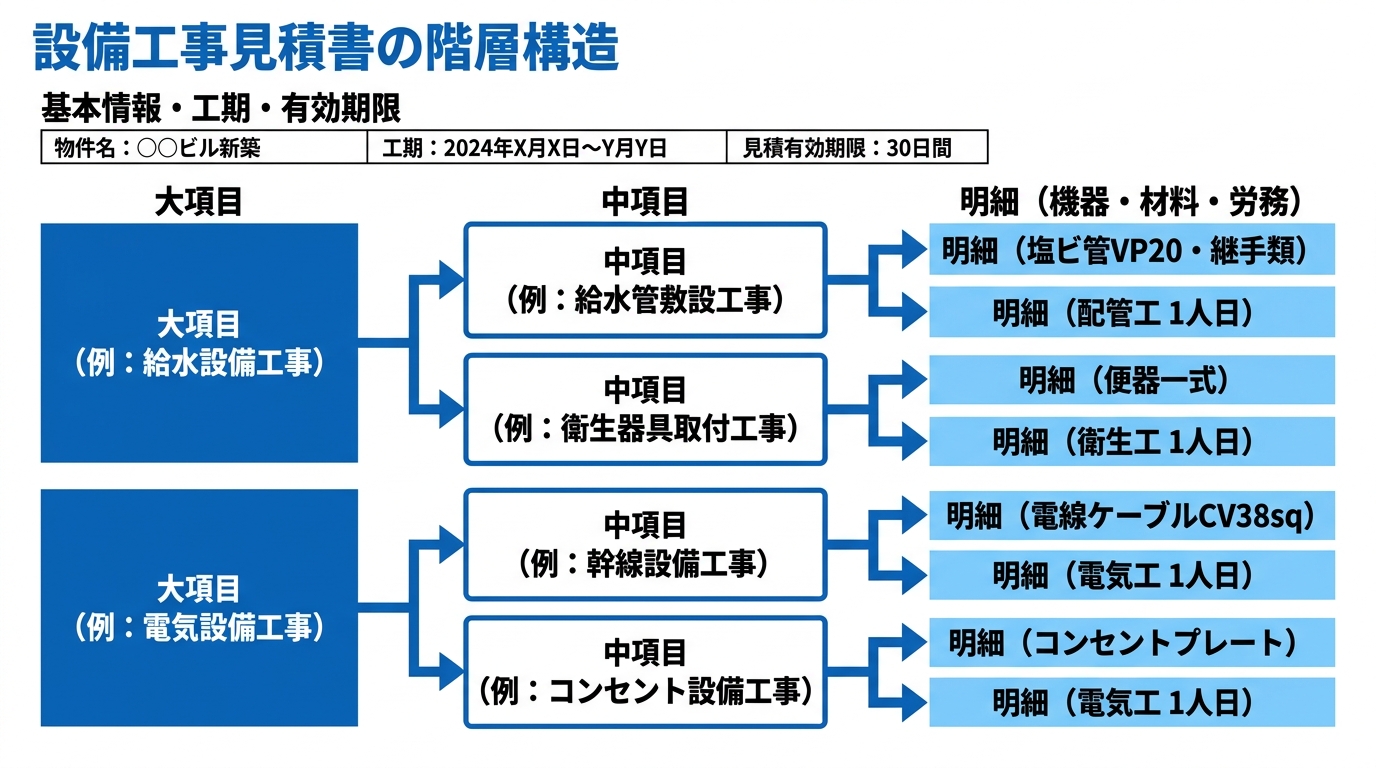 見積書の大項目・中項目・明細の3階層構造を左から右へのツリーで示した図