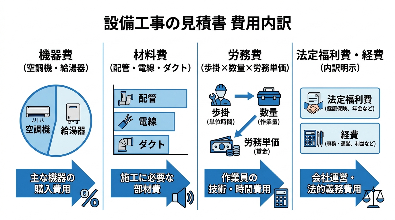 機器費・材料費・労務費・法定福利費経費の4つの費用内訳を4カラムで示した図