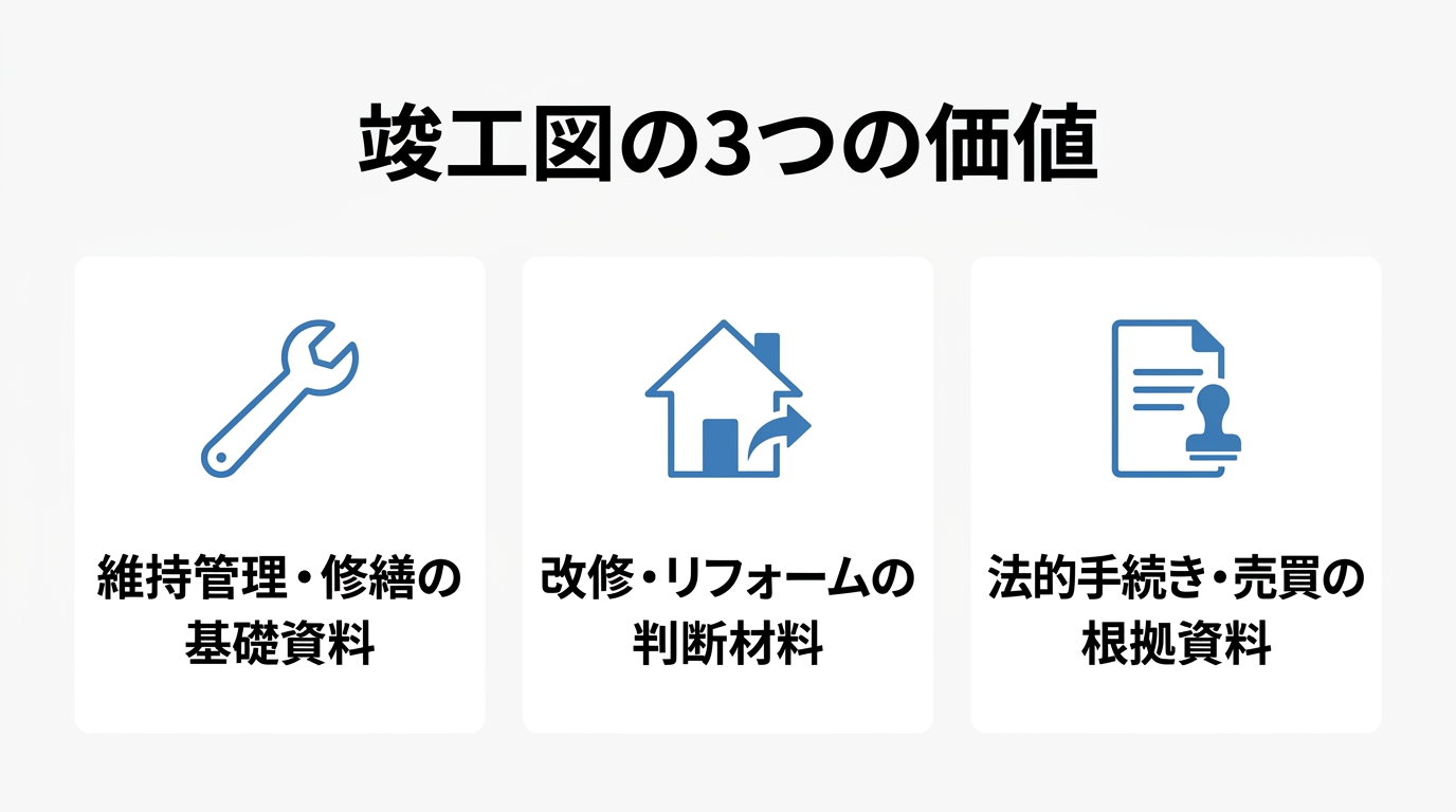 竣工図の3つの価値(維持管理・修繕の基礎資料、改修・リフォームの判断材料、法的手続き・売買の根拠資料)を示す図