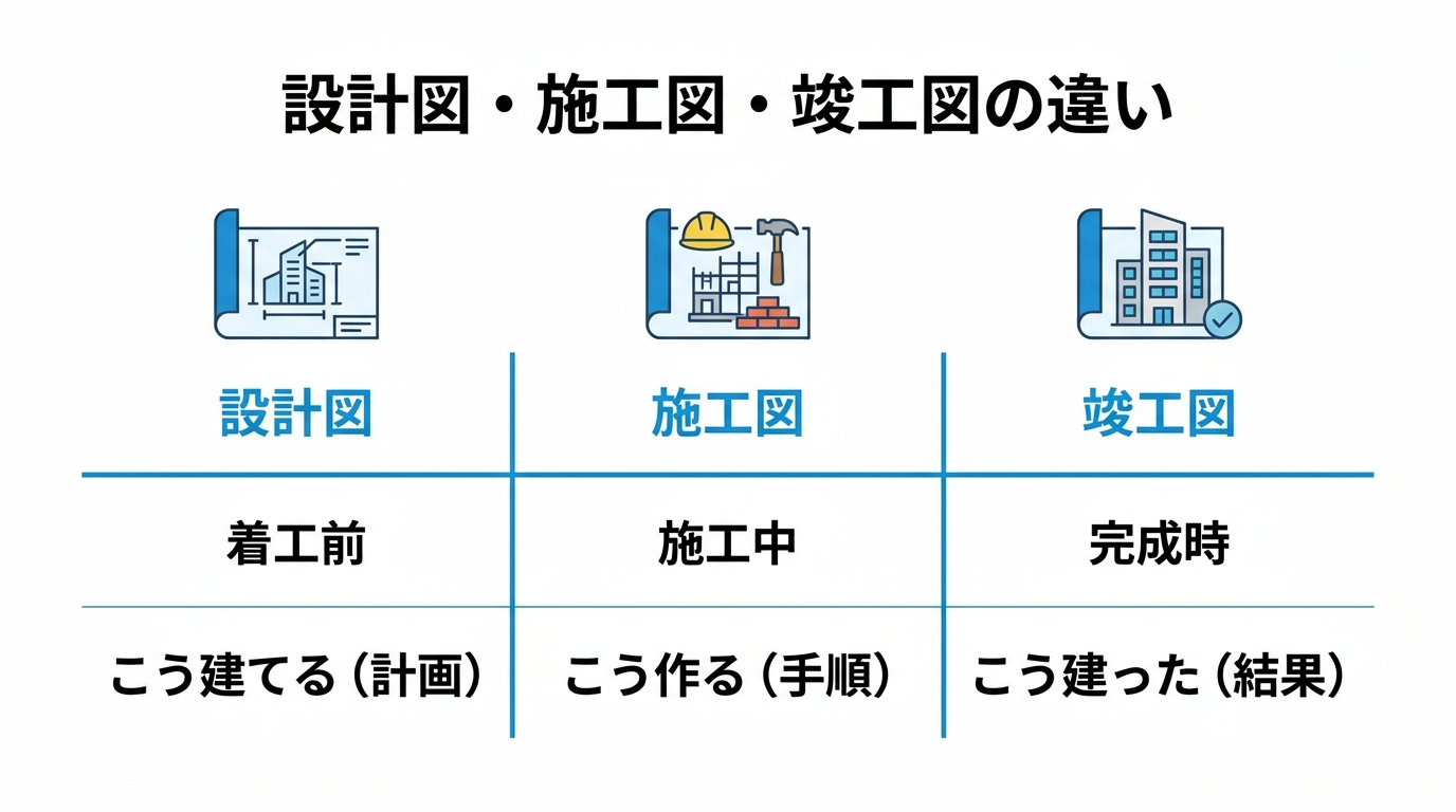 設計図・施工図・竣工図を作成時期と役割(計画・手順・結果)で比較した表