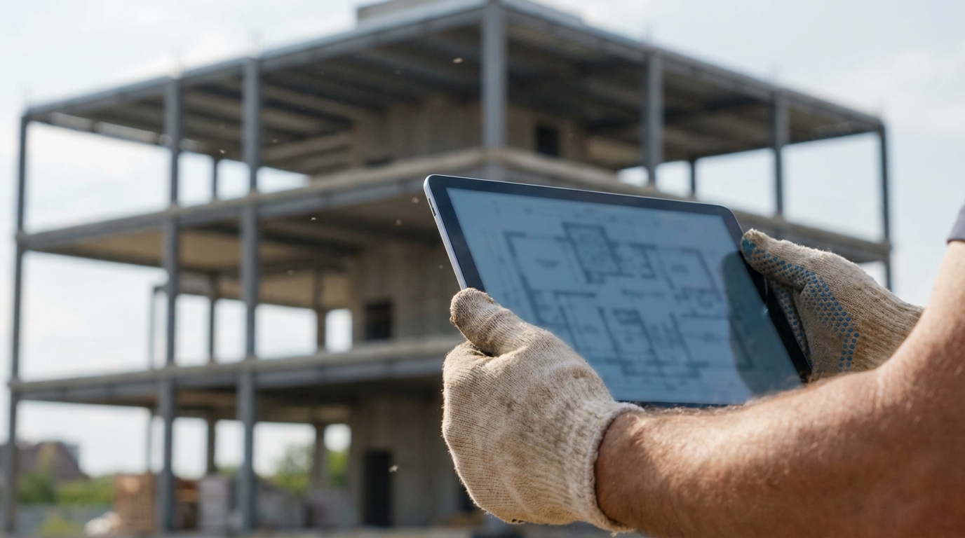 建設現場でタブレットに表示した図面を確認する作業員の手元の写真