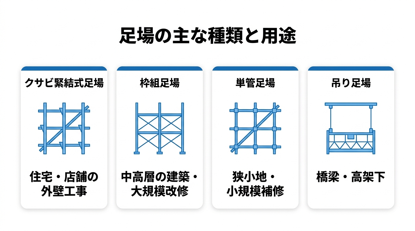 クサビ緊結式・枠組・単管・吊り足場の4種類を用途とアイコン付きで並べた一覧図