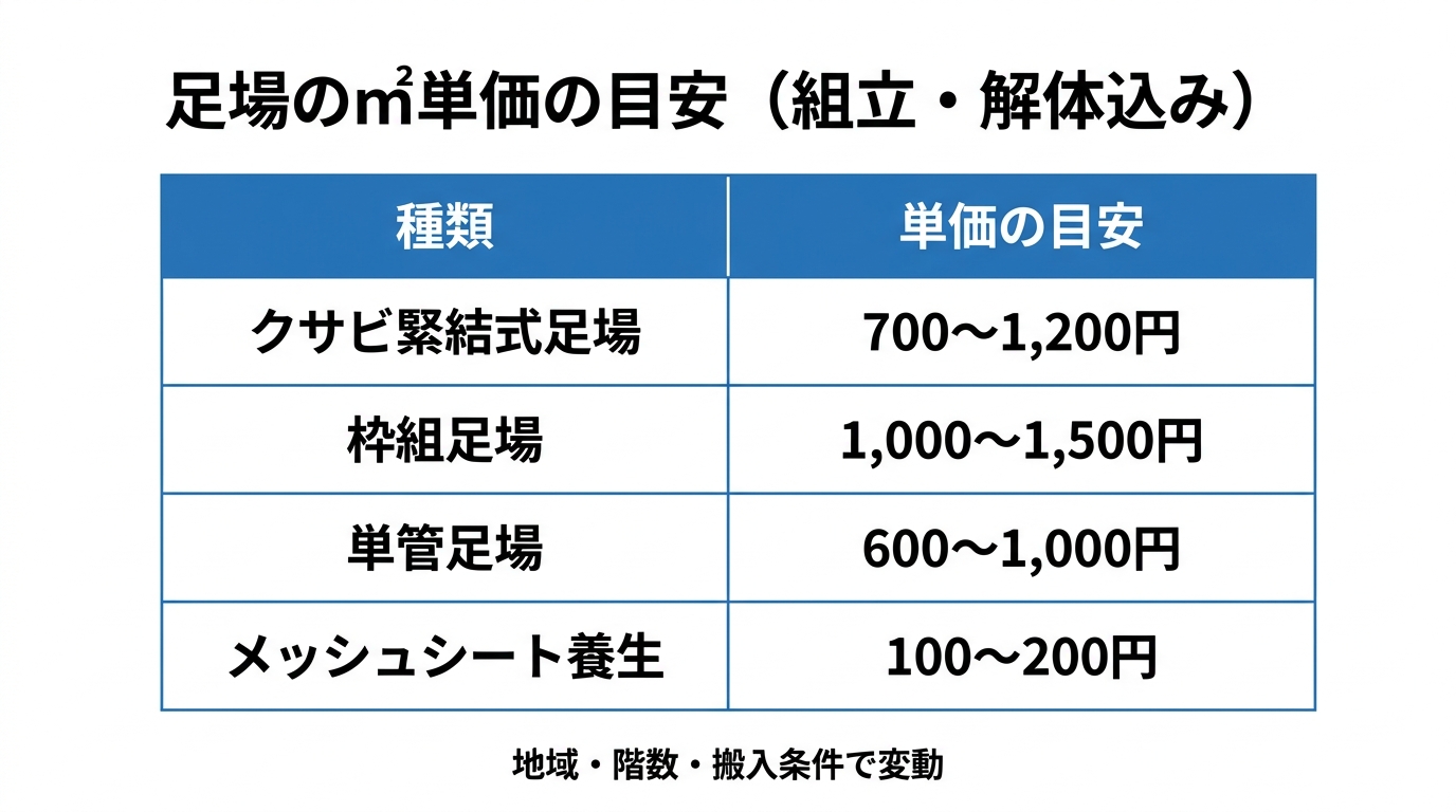 クサビ緊結式・枠組・単管足場とメッシュシート養生の㎡単価の目安をまとめた表