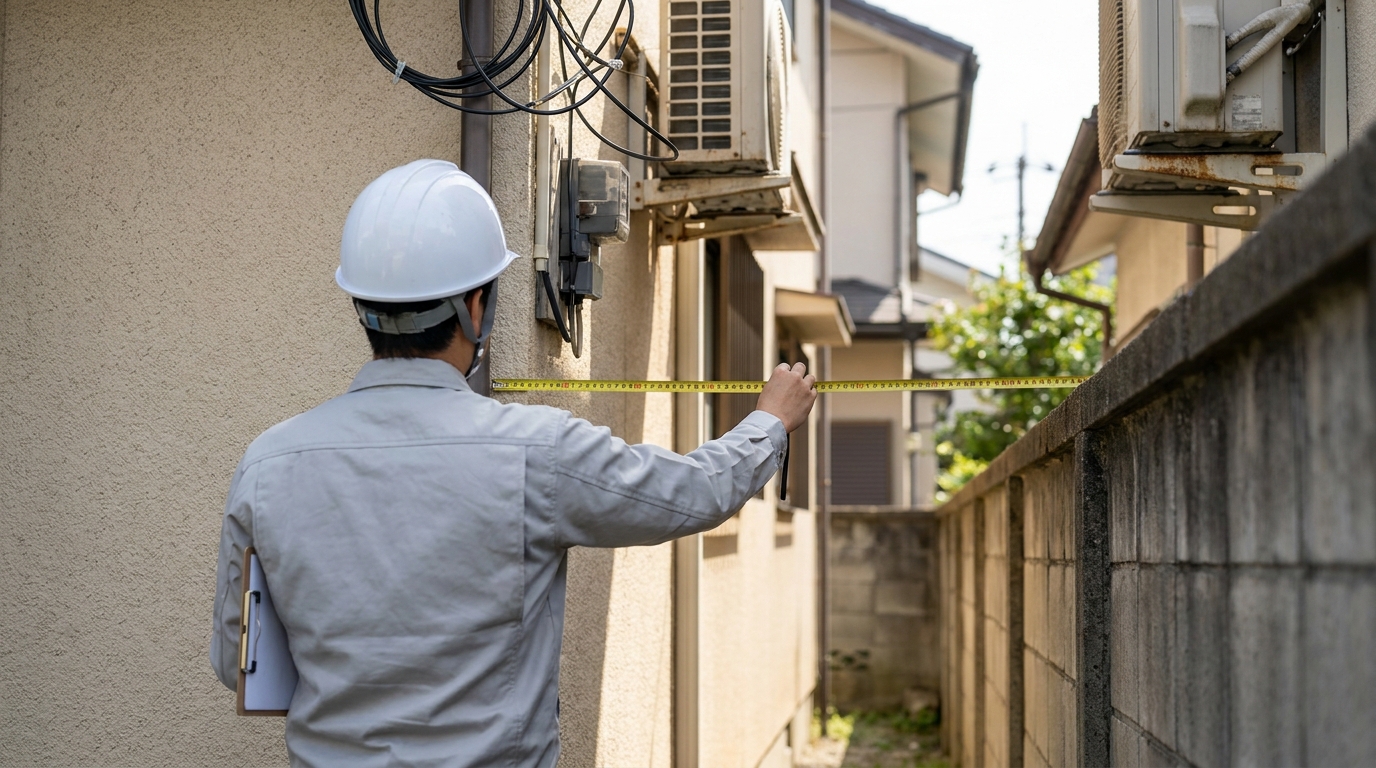 住宅と隣地の塀の間で作業員がメジャーを伸ばして離れを測っている現地調査の後ろ姿