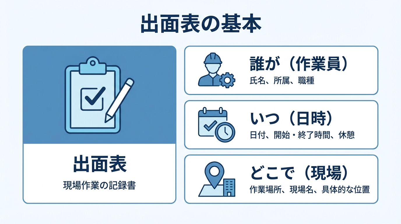 出面表とは何かを示す図。誰が・いつ・どこで働いたかを記録する現場の記録書