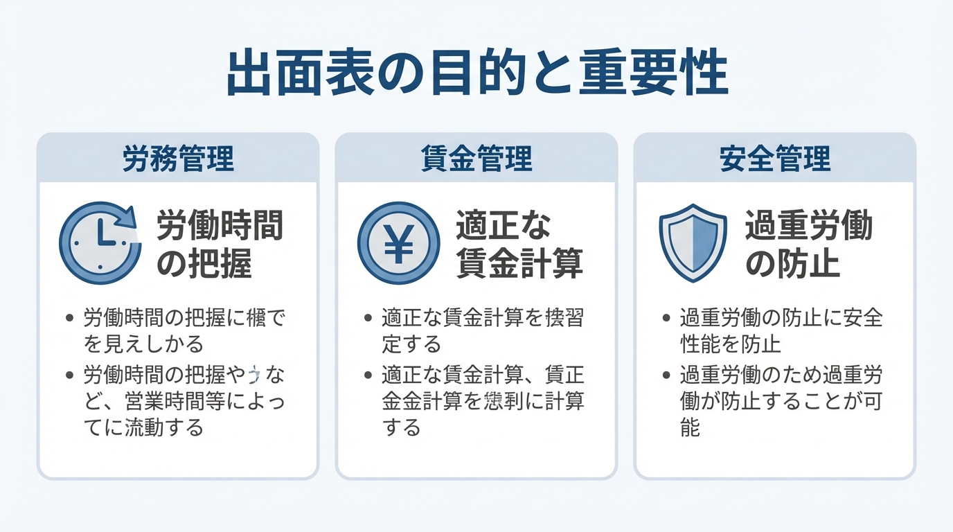 出面表の目的を示す図。支払い根拠・労務費の把握・労働時間管理の3つ