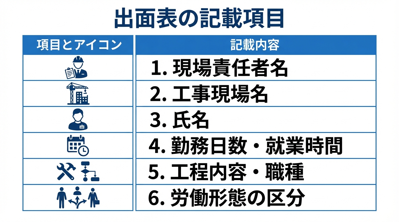 出面表の記載項目を整理した図。現場名・氏名・職種・人工数など